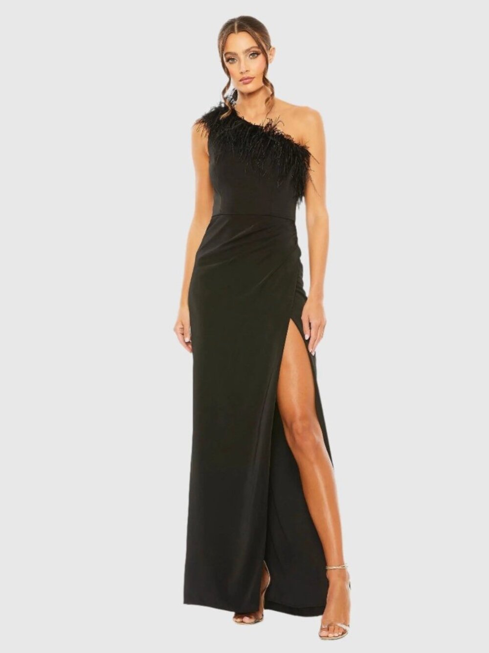 Mac Duggal Size 14 Black One Shoulder Feather Trim Slit Gown Formal Dress Prom
